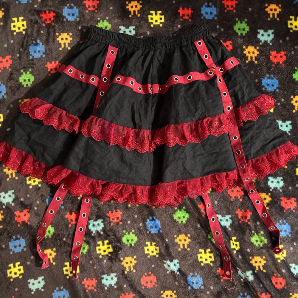 Gothic red lace trim skirt with grommet detailing